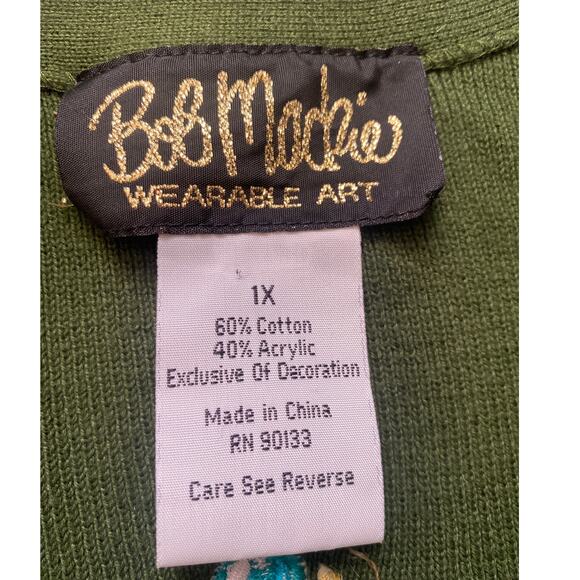 Bob Mackie Wearable Art Women Size 1X Cardigan Sweater Green Embroidered Boho - Picture 4 of 6